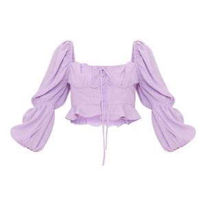Lilac woven ruched bust volume sleeve button up crop top